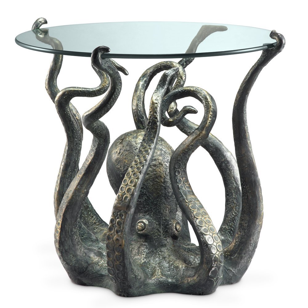 SPI Incredible Cast Aluminum Octopus Glass Top End Table