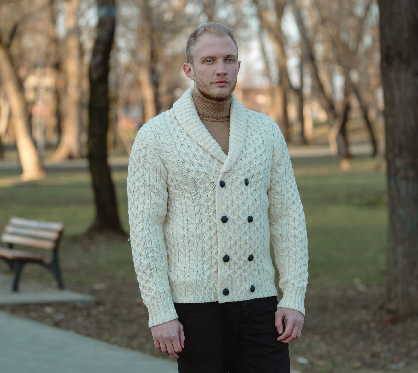 SAOL 100% Merino Wool Double Breasted Shawl Cardigan with Buttons for Men's (US, Alpha, Large, Regular, Regular, Natural)