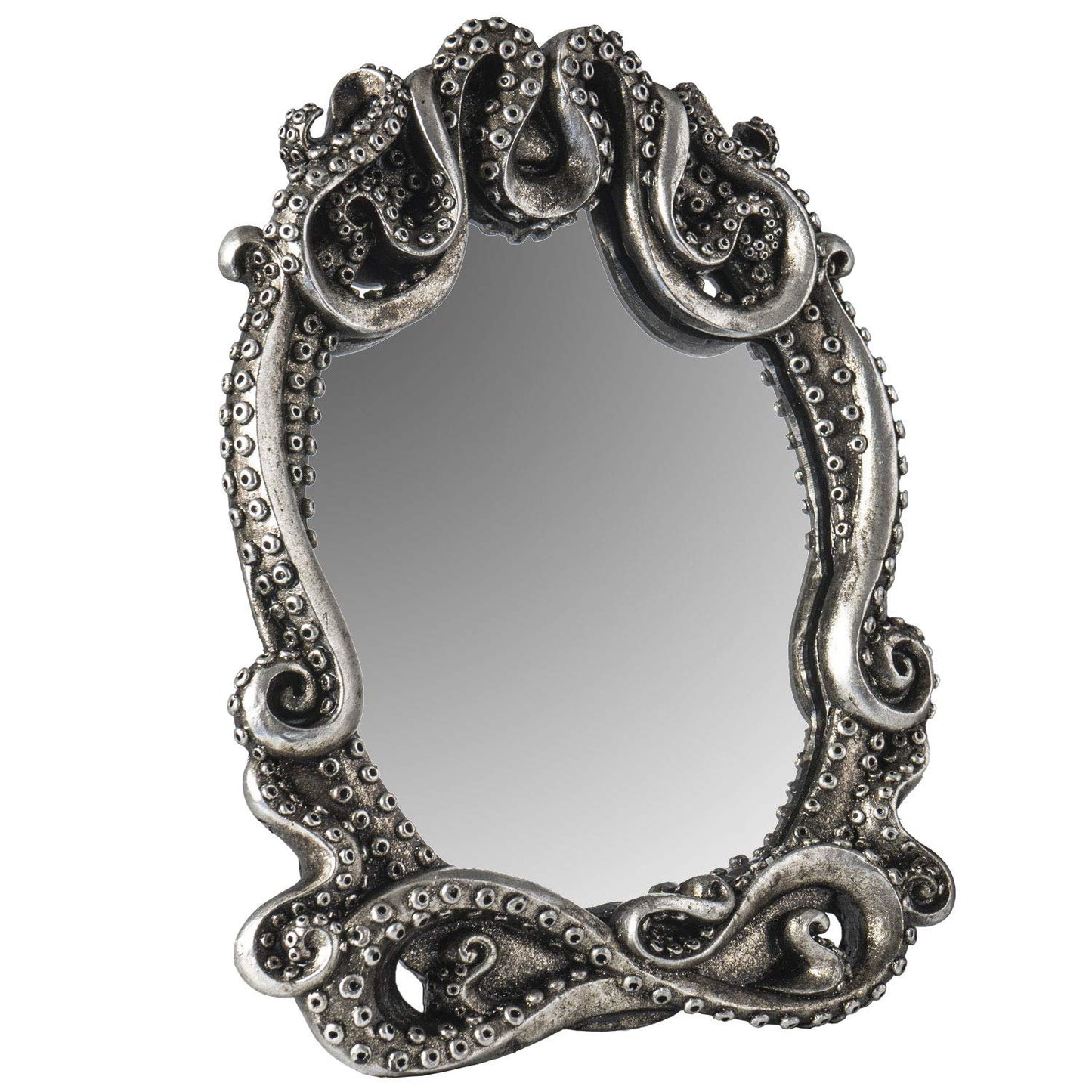 Pacific Trading Gothic Mirror Home Accent Décor, Kraken Antique Inspired Silver Tone Hand Finished Framed Steampunk Tabletop Decoration, 7.28 inch L x 1 inch W x 9.25 inch H, 14051