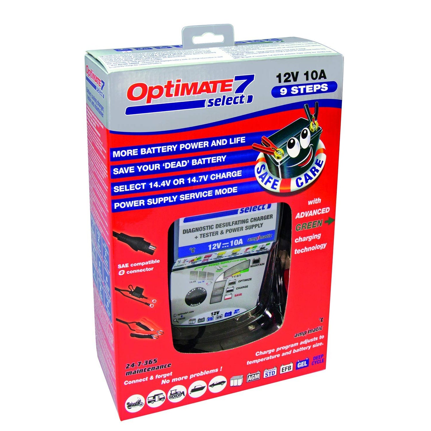 OptiMATE 7 SELECT, TM-251, 9-step 12V 10A sealed battery saving charger & maintainer