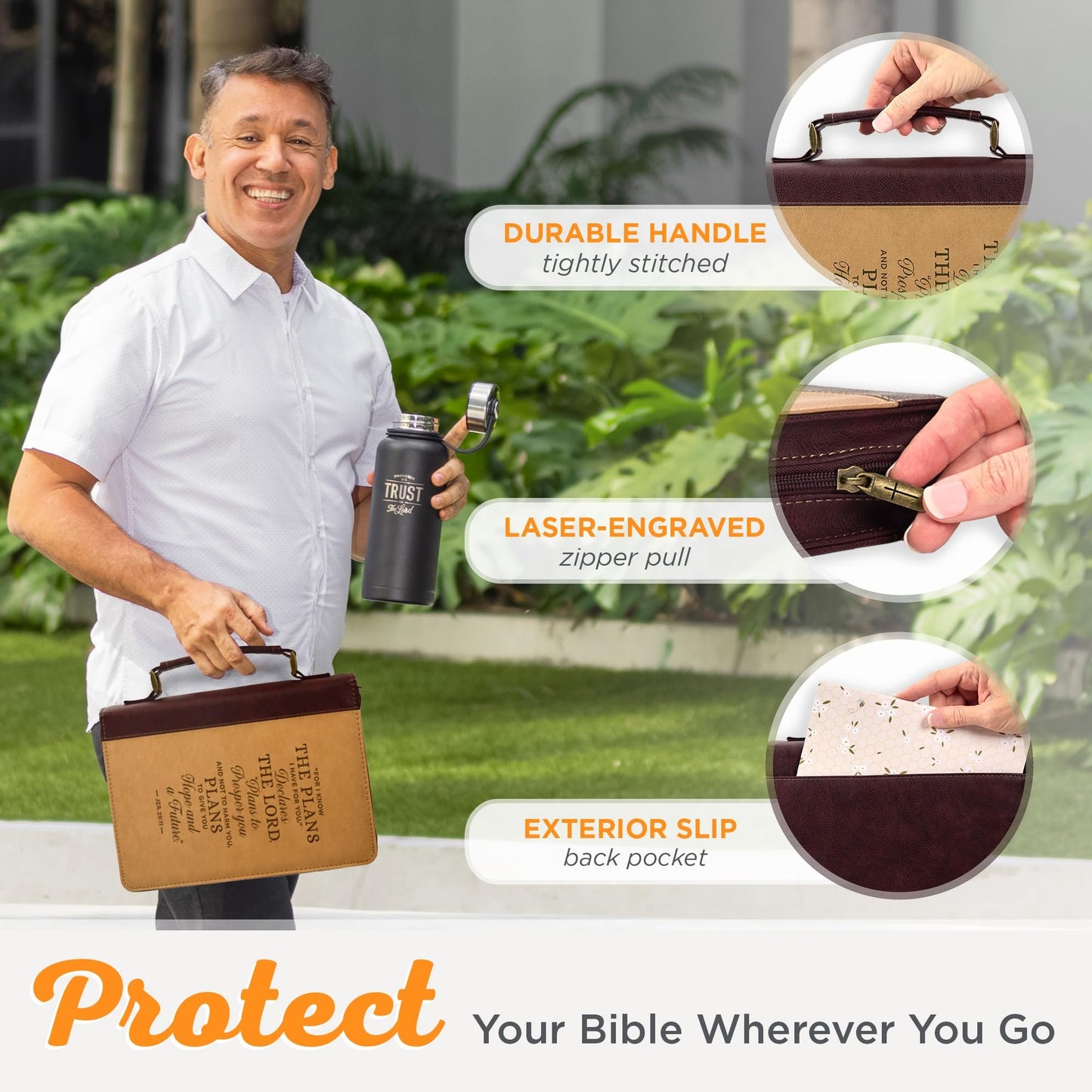 Christian Art Gifts Classic Vegan Leather Bible Cover for Men: I Know The Plans - Inspirational Bible Verse, Sturdy Easy Carry Book Case w/Pen Loops, Brown