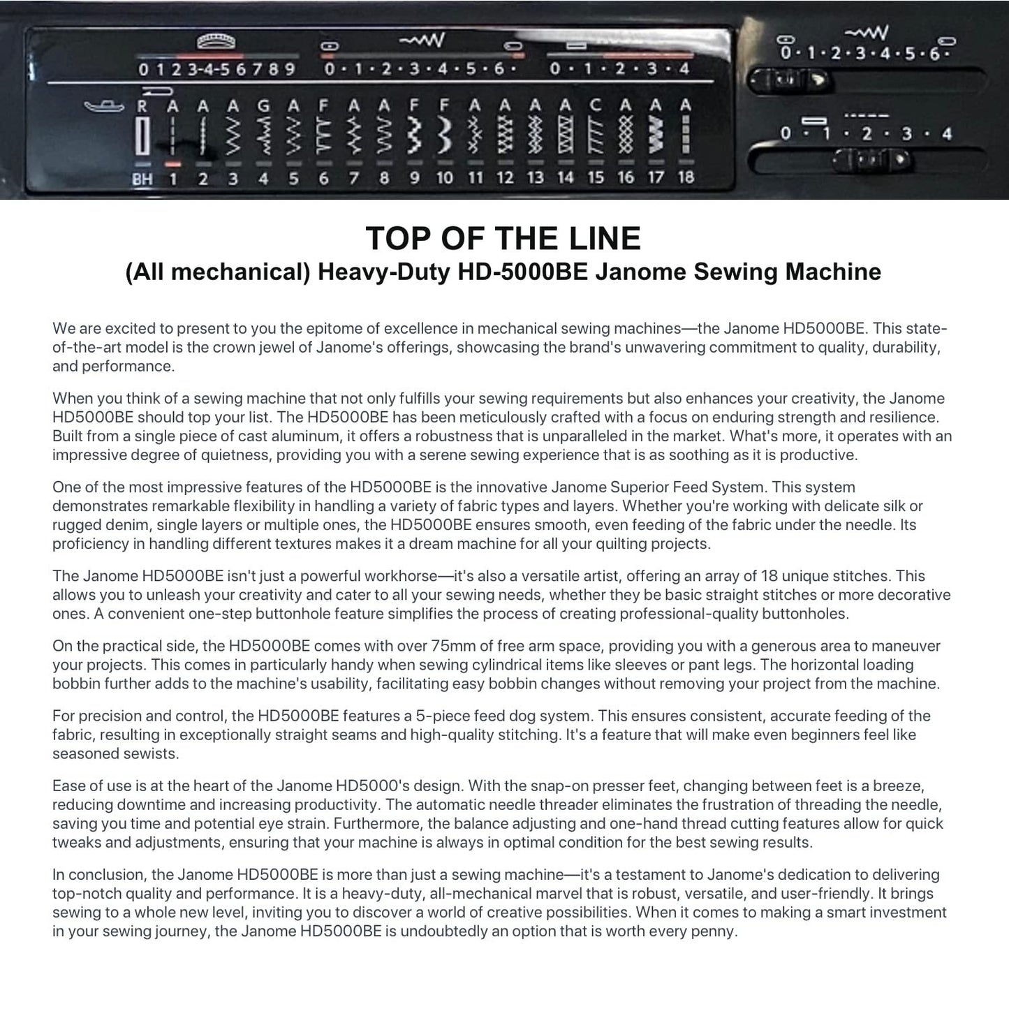 Janome HD-5000 Black Edition Heavy-Duty Sewing Machine with Aluminum Body, 18 Stitches, Free Arm, and Built-In Needle Threader