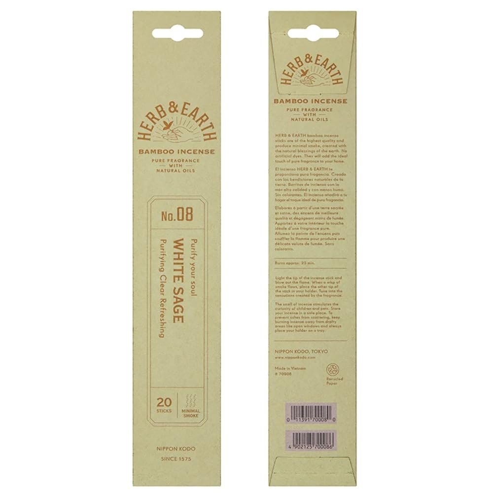 HERB & EARTH H&E Bamboo Incense - White SAGE - 20 Sticks by Nippon KODO, Japanese Quality Incense Since 1575