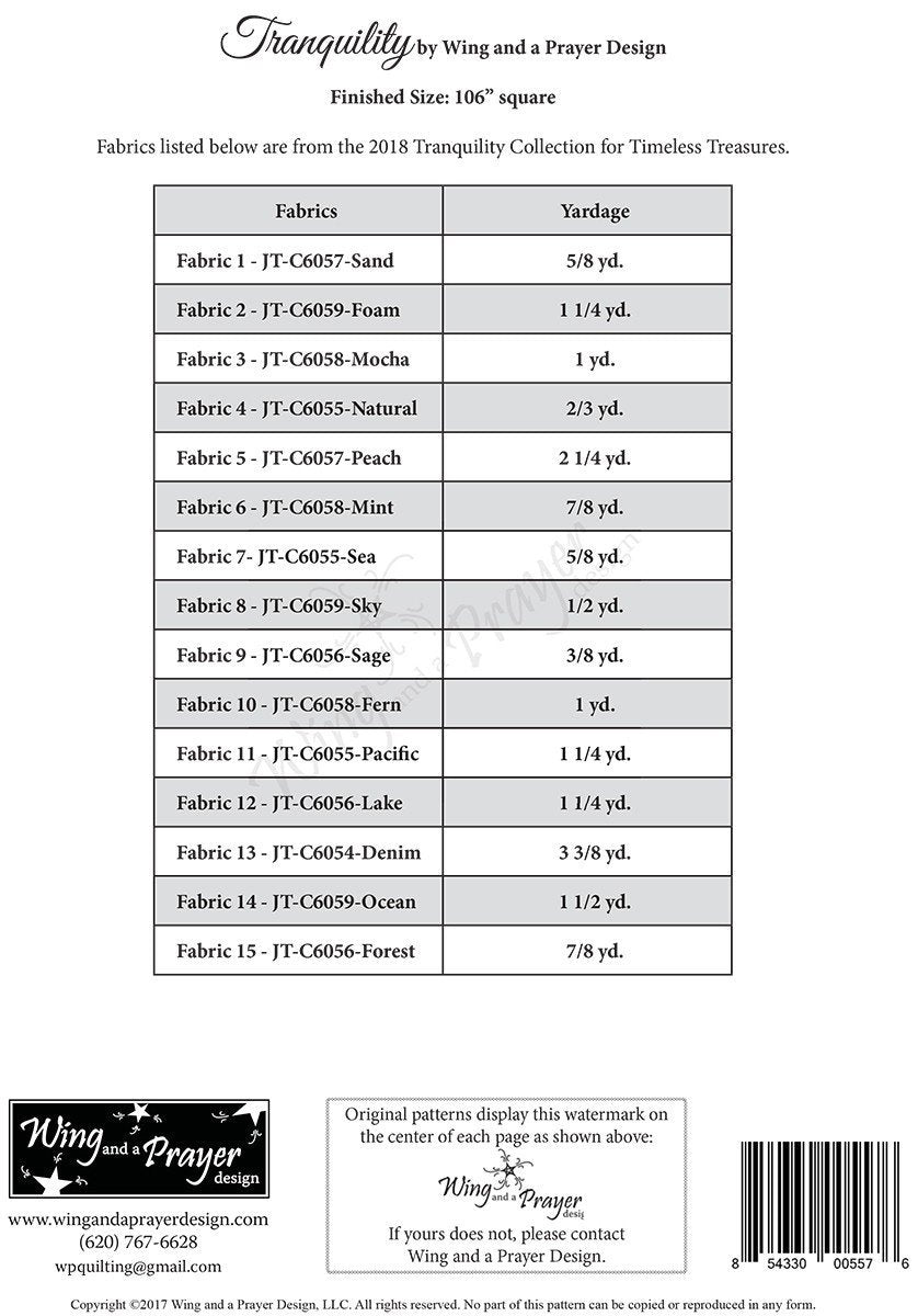 Tranquility Quilt Pattern by Wing and a Prayer