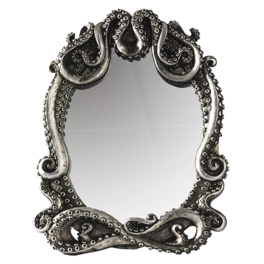 Pacific Trading Gothic Mirror Home Accent Décor, Kraken Antique Inspired Silver Tone Hand Finished Framed Steampunk Tabletop Decoration, 7.28 inch L x 1 inch W x 9.25 inch H, 14051