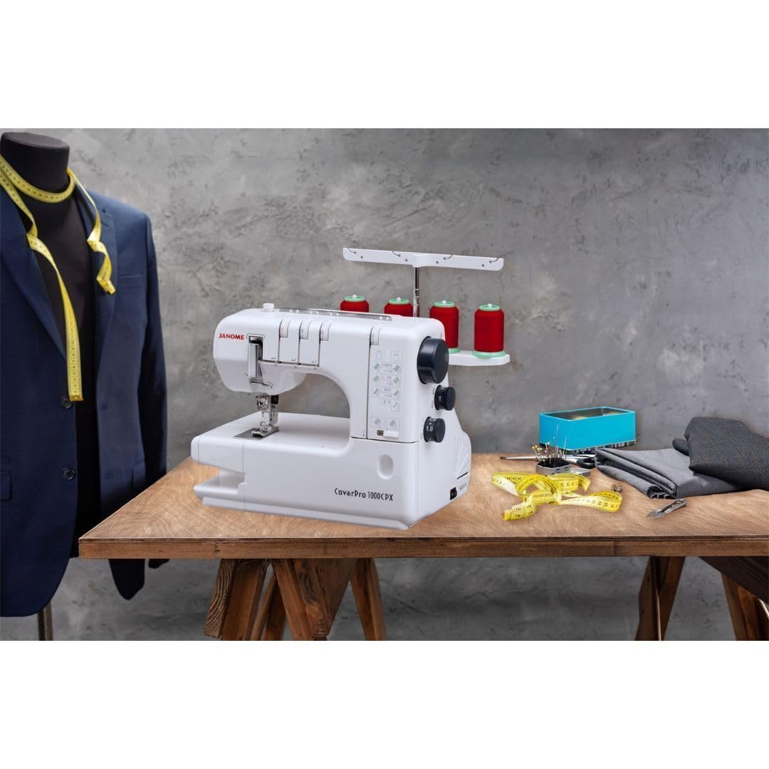 Janome CoverPro 1000CPX High-Speed Long Arm Heavy-Duty Coverstitch Machine with Seam Tightening System and Extra Large Bed Space (White)