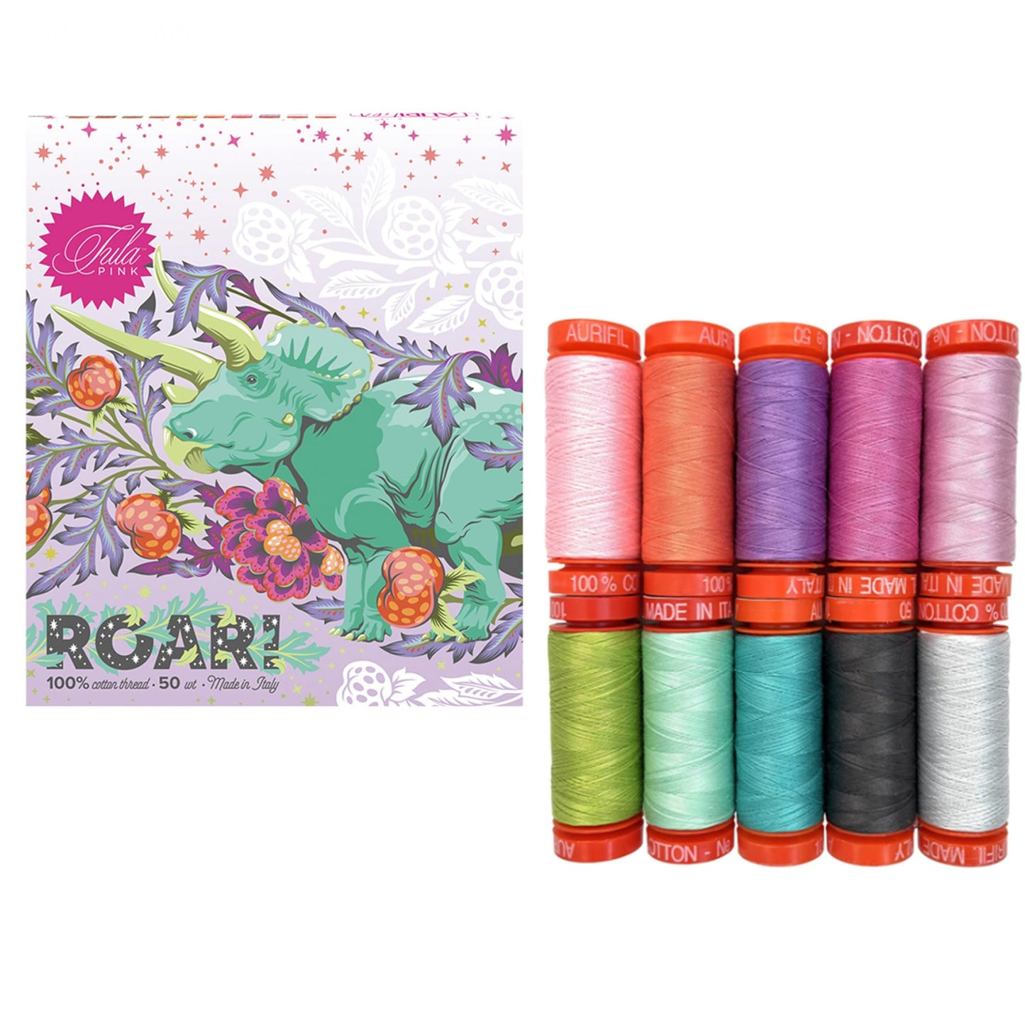 Roar Aurifil Thread 50 wt Cotton 10 Small spools by Tula Pink TP50RC10, assorted