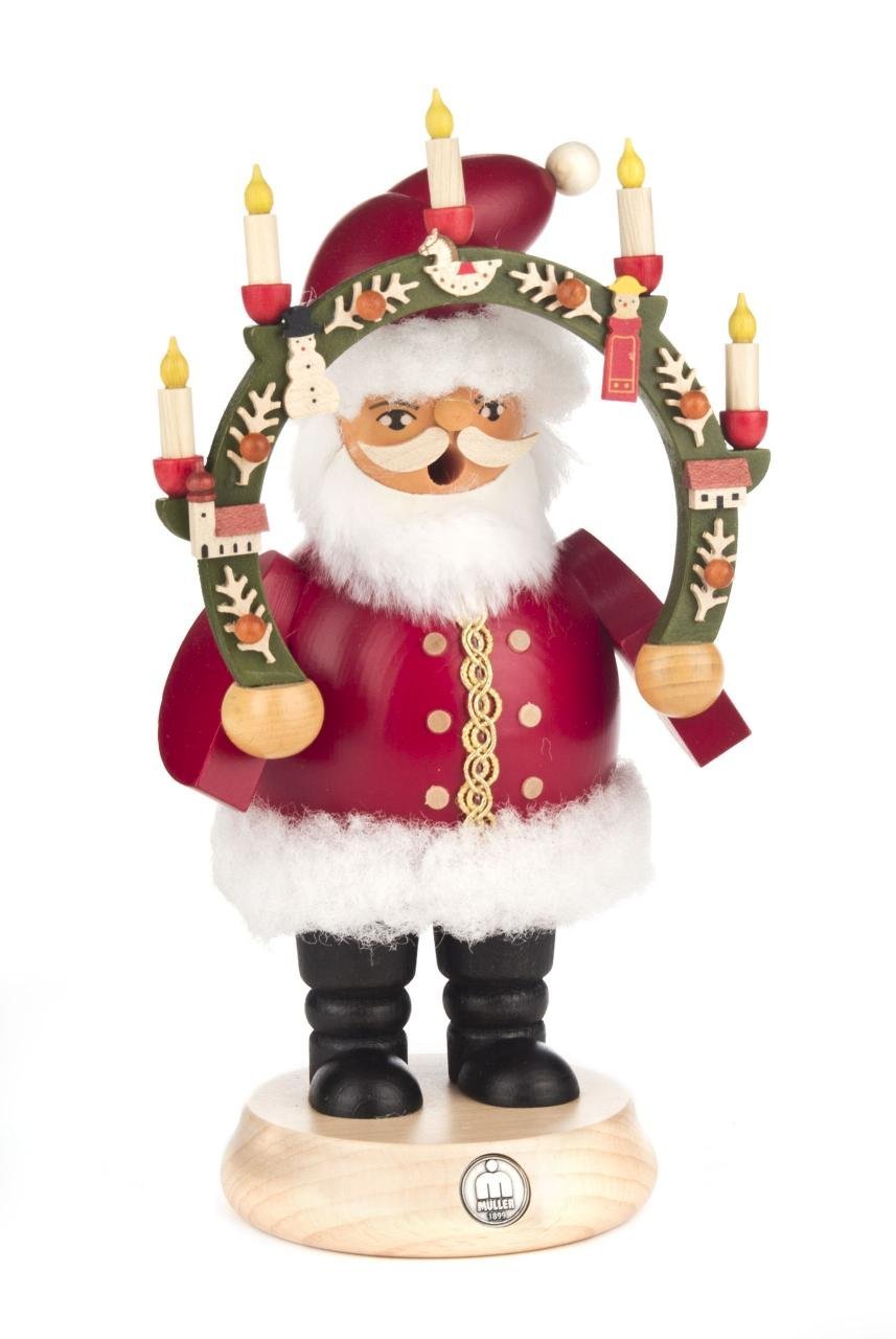 Müller German incense smoker Santa Claus under candlearch, height 19 cm / 7 inch, original Erzgebirge by Mueller Seiffen