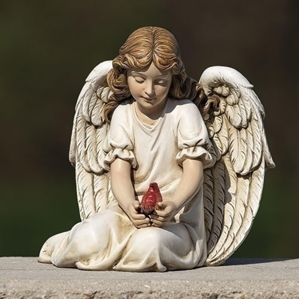 Roman Kneeling Angel with Cardinal Garden Statue, 9-inch Height, Resin, Stone Powder and Paint, Outdoor, Garden Décor