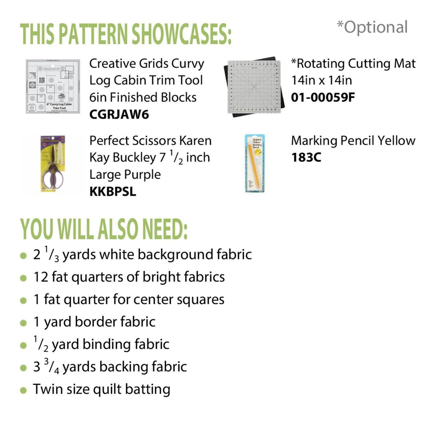 Bundle of Creative Grids Curvy Log Cabin Trim Tool 6in Finished Blocks and Cut Loose Press Rainbow Swirls Curvy Log Cabin Quilt Pattern