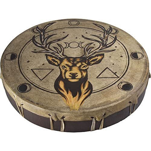 Ceremonial Frame Drum - Stag with Moon Phases, 12" diameter, includes beater, Handmade & painted by artisans in Bali