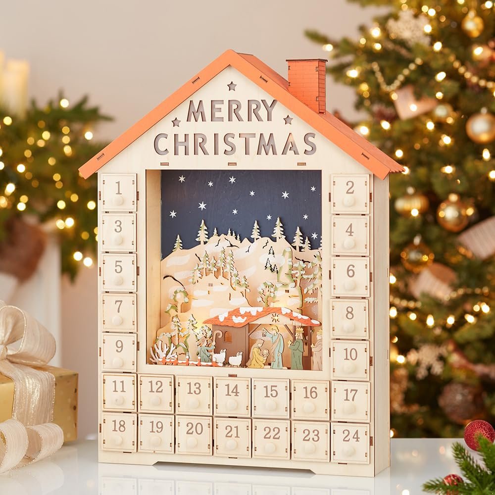 Kurt S. Adler 19-Inch Battery-Operated Light-Up House with Nativity Scene Advent Calendar, Multi