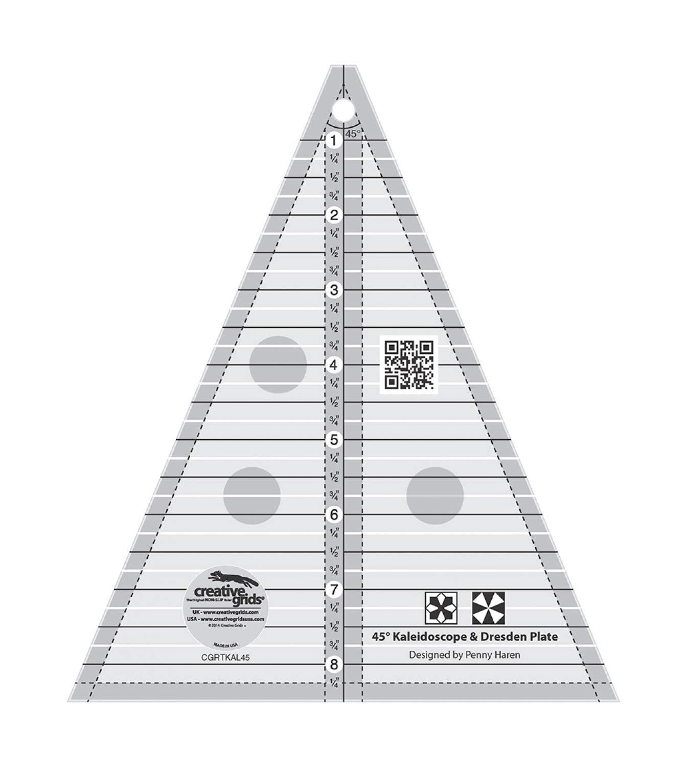 Creative Grids 45 Degree Kaleidoscope & Dresden Plate – CGRTKAL45 – Made in USA, 7-1/4in x 8-1/2in, Non-Slip Grip Acrylic Quilting, Sewing, Crafting, Patchwork Ruler & Template