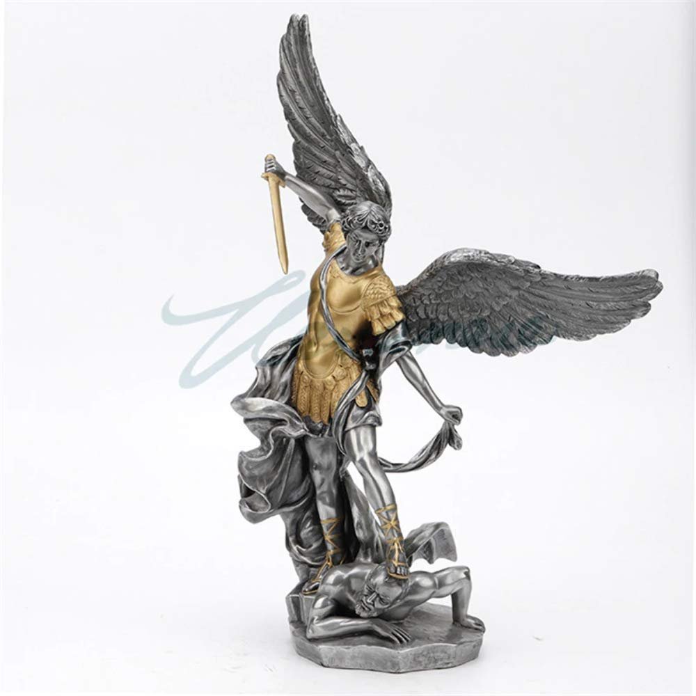 14 1/2 inch pewter and gold Archangel Saint Michael tramples Demon statue sculpture