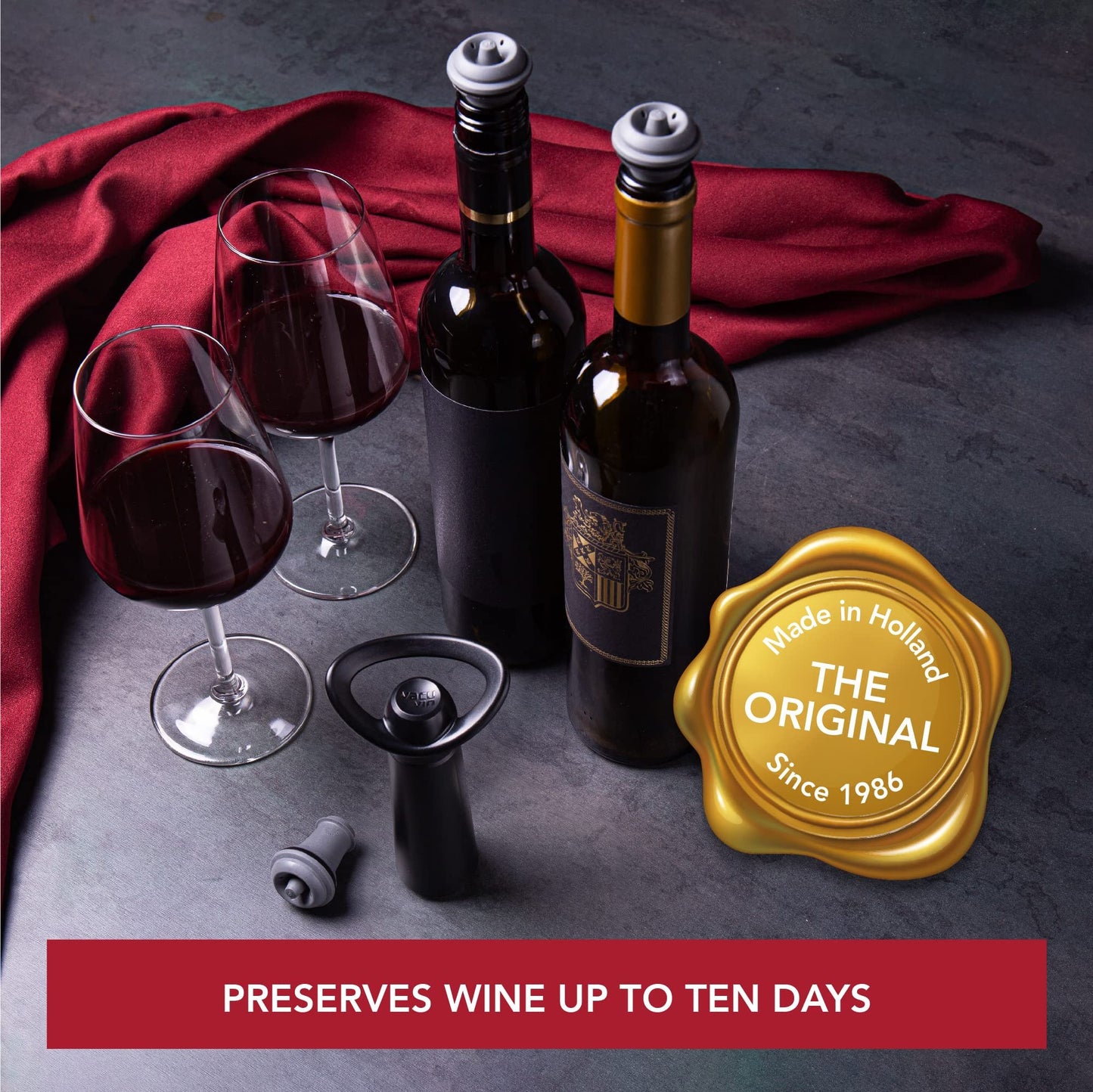 Vacu Vin Wine Saver Concerto - Black - Wine Stoppers for Bottles with Vacuum Pump - Reusable - Made in the Netherlands