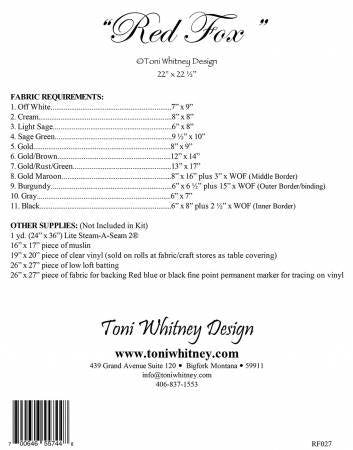 PLESIU Red Fox Wildlife Toni Whitney Fusible Applique Quilting Quilt Pattern