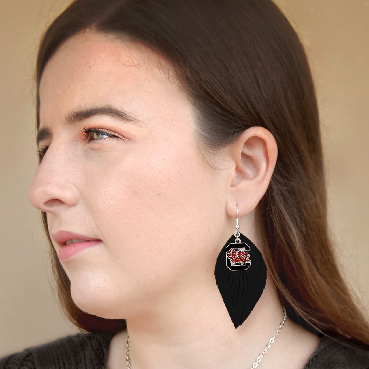 South Carolina Gamecocks Black Maroon Boho Leather Feather Earrings Jewelry USC Y