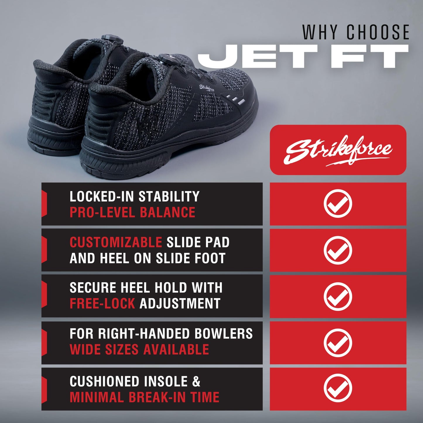 KR Strikeforce Jet FT Right Hand Men's Performance Bowling Shoe with Interchangeable Slide pad and Heel on The Slide Foot only