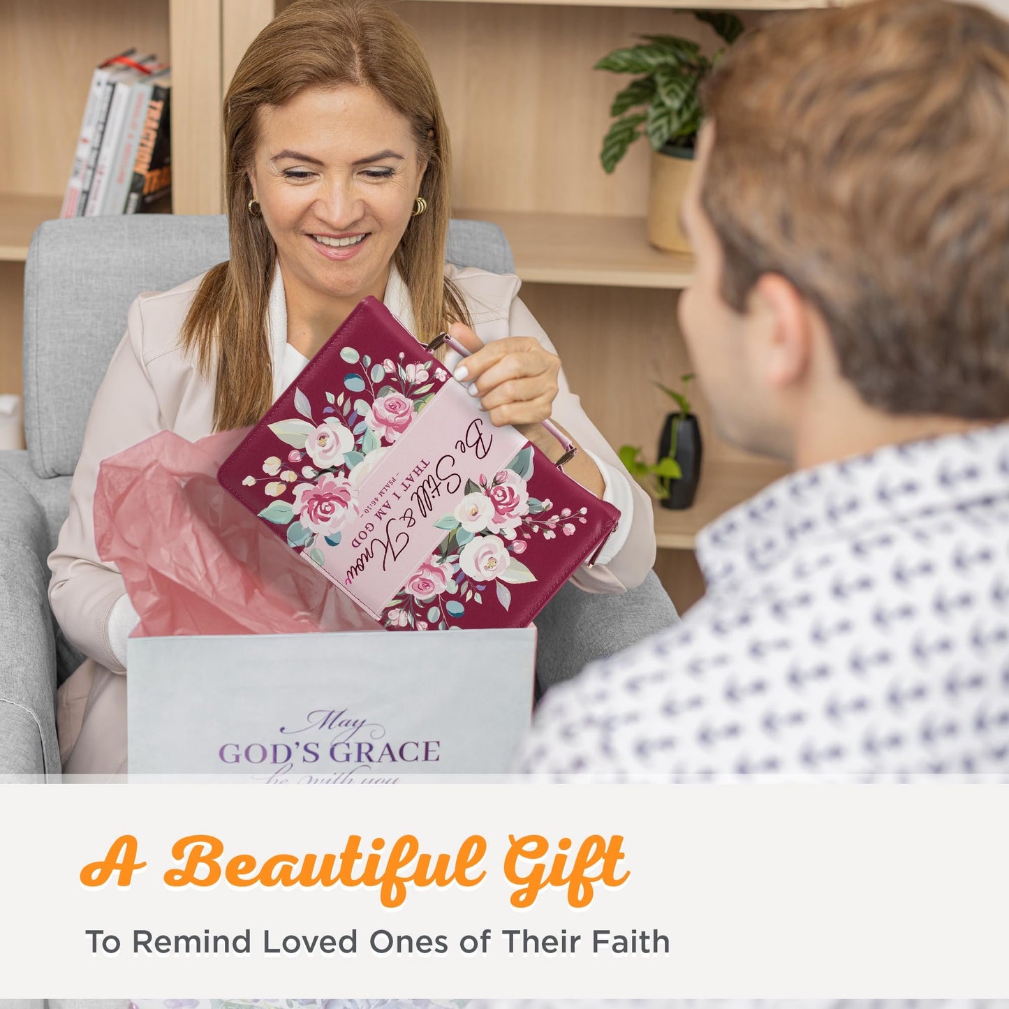 Christian Art Gifts Fashion Vegan Leather Bible Cover Case for Women: Be Still & Know Inspirational Scripture, Sturdy Easy Carry Bag, Pen Loops, Pockets. Stationery Storage, Purple Plum & Pink Floral