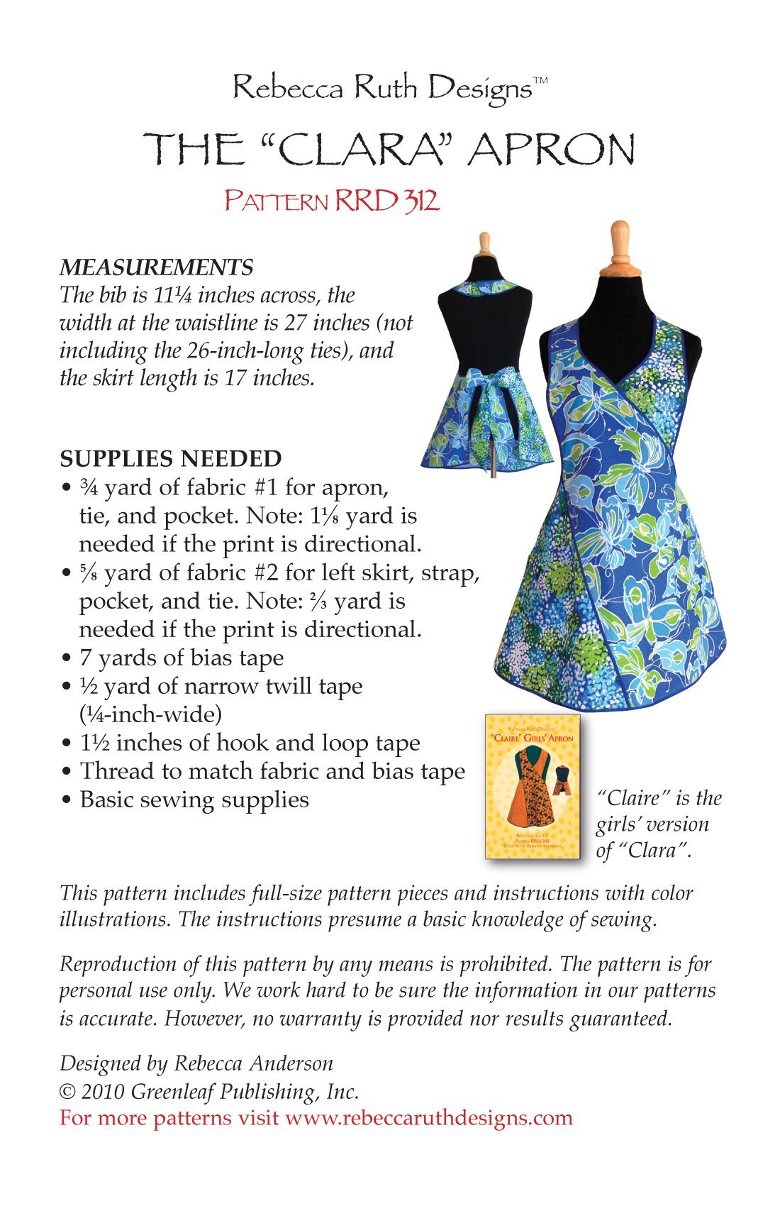 Rebecca Ruth Designs Clara Apron Sewing Pattern