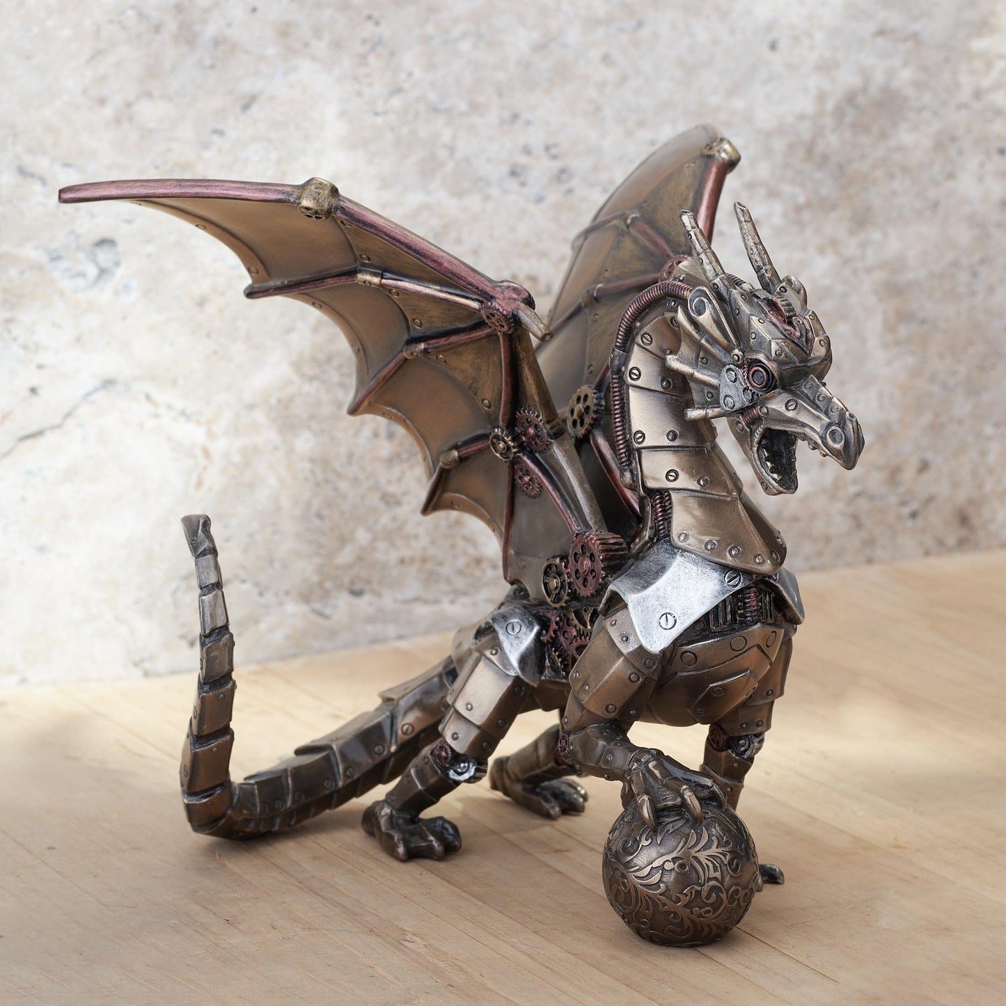 Veronese Design Steampunk Dragon Holding Orb Cold Cast Resin Bronze Finish Statue