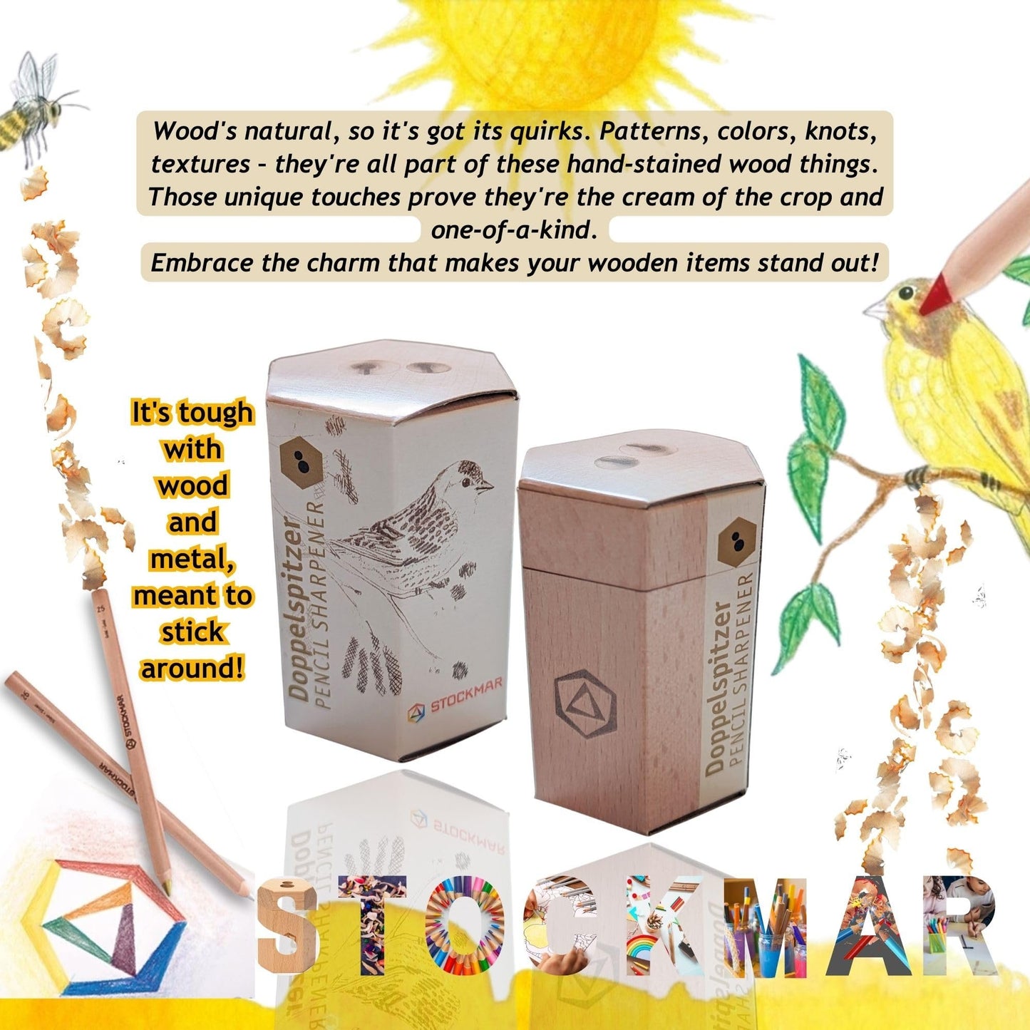 Stockmar Dual Pencil Sharpener FSC Lime Wood for Thin and Thick Pencils - Triangular and Hexagonal Shape - Colour Giants Stockmar, Waldorf Art Supplies, Made in Germany