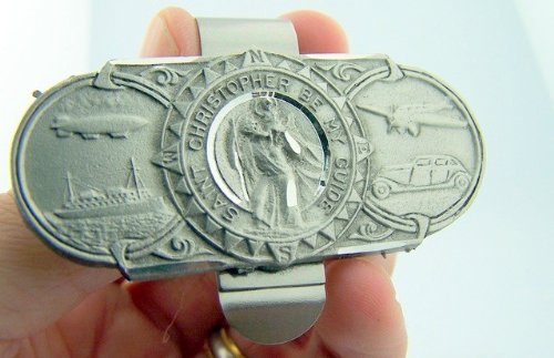 WJH Pewter Saint Christopher Be My Guide Land Sea and Air Visor Clip, 2 3/8 Inch