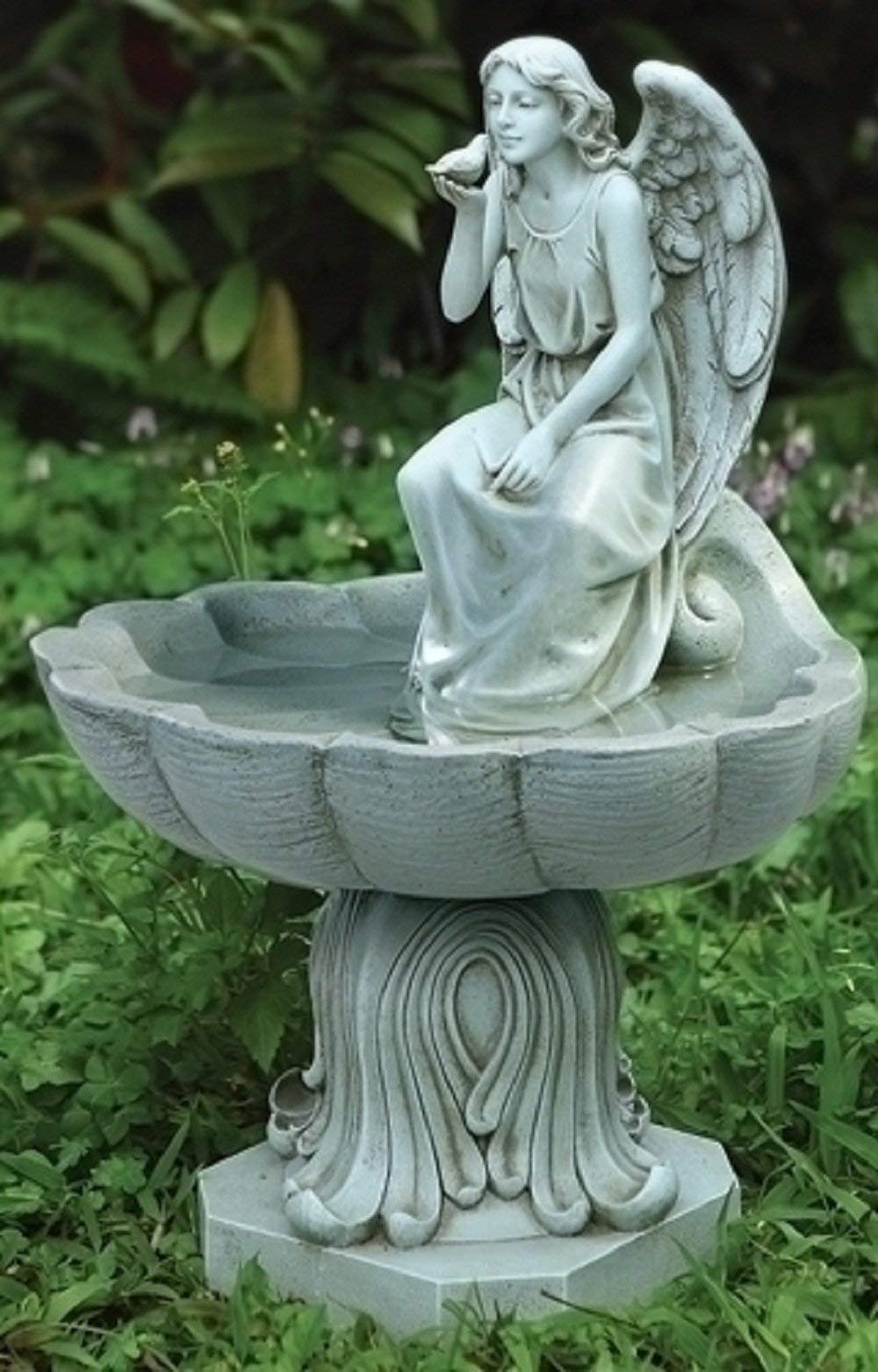 Roman Joseph's Studio, 19.25" H Angel Holding a Bird Birdbath Garden Feature, Religious Outdoor Decor,