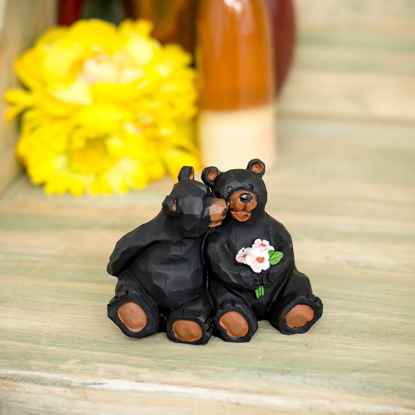 Kissing Bear Couple with Flowers 4 x 3 x 3 Inch Resin Crafted Tabletop Figurine
