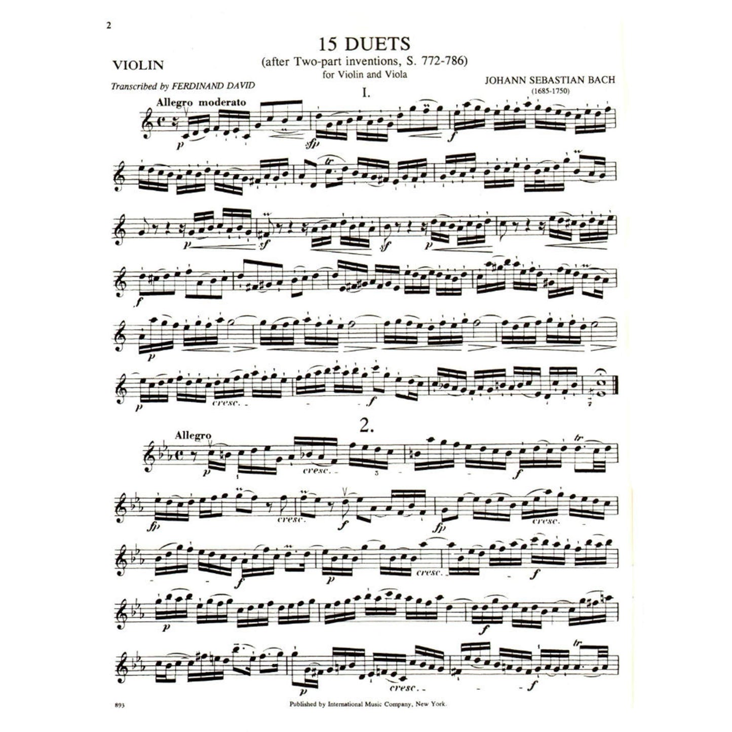 Bach, J.S. - 15 Duets After Two Part Inventions BWV 772 786 for Violin and Viola Arranged by David