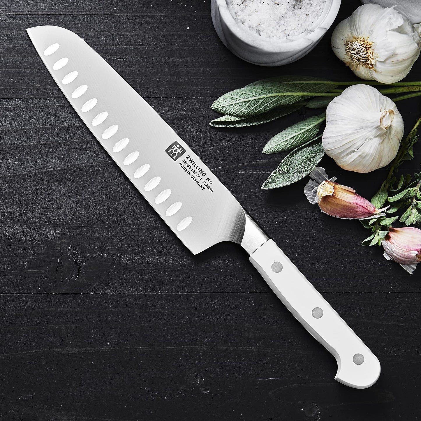 ZWILLING Pro Le Blanc 7-inch Slim Hollow Edge Santoku Knife, Razor-Sharp Blade, White Polymer Handle, Made in Germany