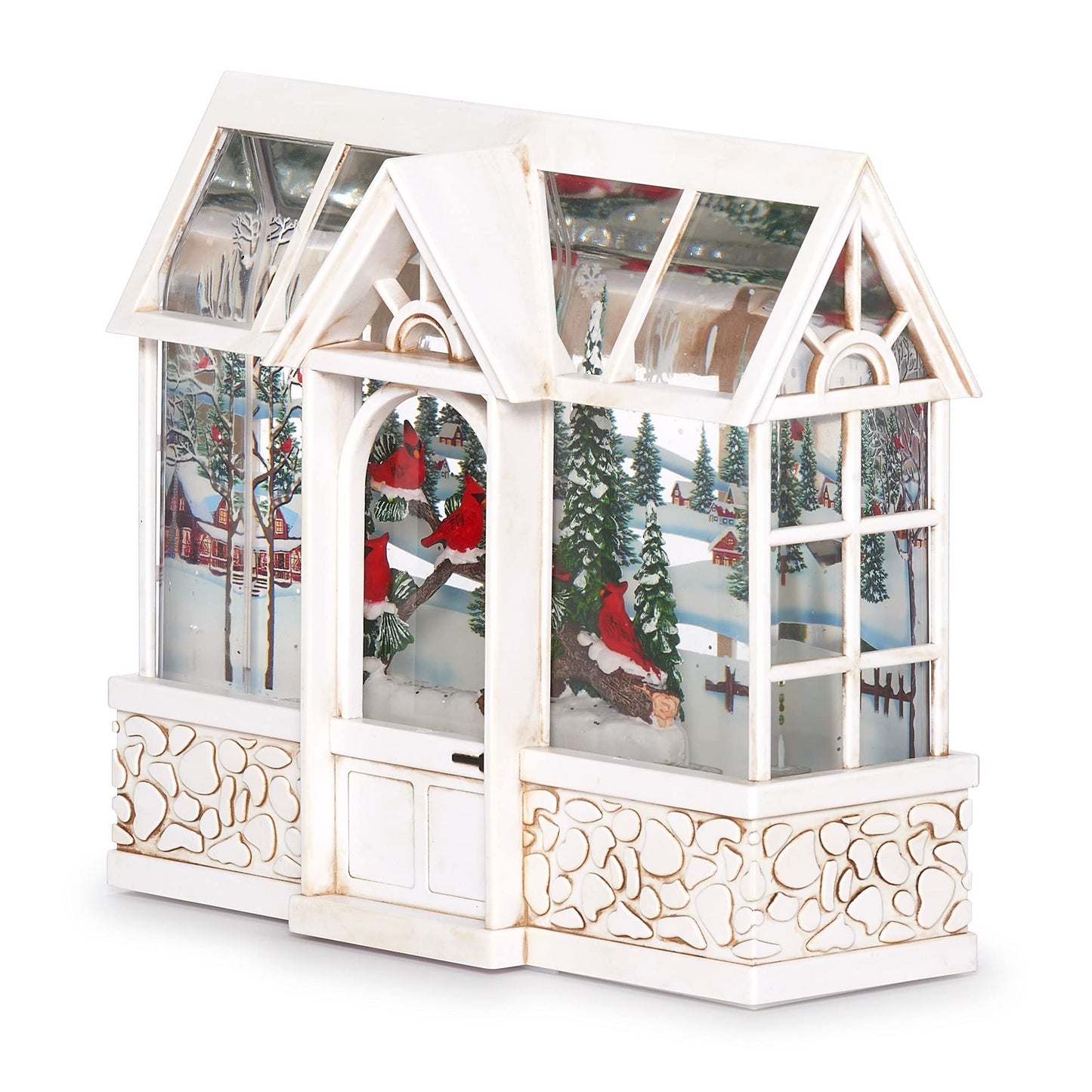 Roman 7.75" Lighted Swirl Cardinal Greenhouse Lantern – Confetti Lite, Glitter Water Globe Christmas Decoration, Tabletop Holiday Home Décor