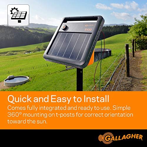 Gallagher S100 Solar Electric Fence Charger | Powers Up to 30 Mile / 100 Acres of Fence | Low Impedance, 1.0 Stored Joule Energizer | Battery Saving Technology | Solar Battery & Leadsets Included
