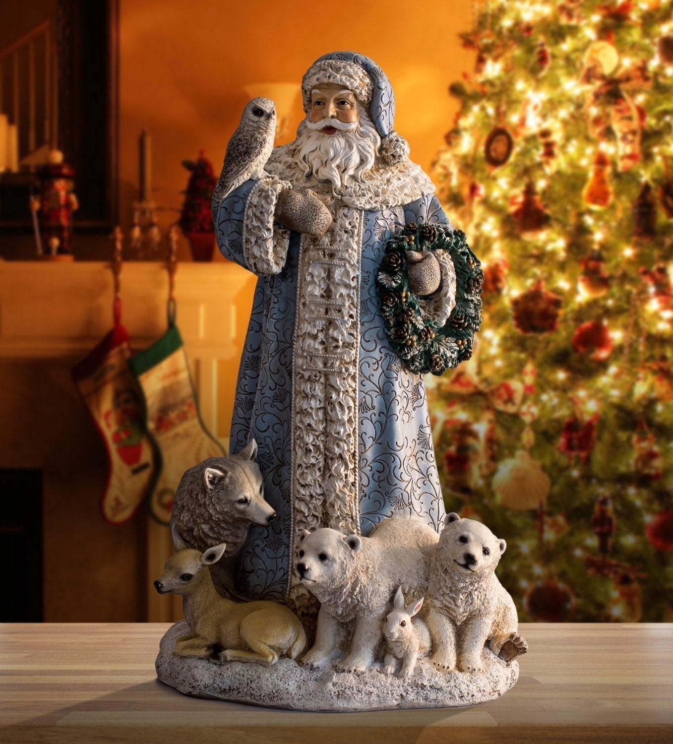 Roman Joseph's Studio, 16" H Winter Blue Santa with Forest Animals, Tabletop Christmas Decoration, Holiday Home Decor