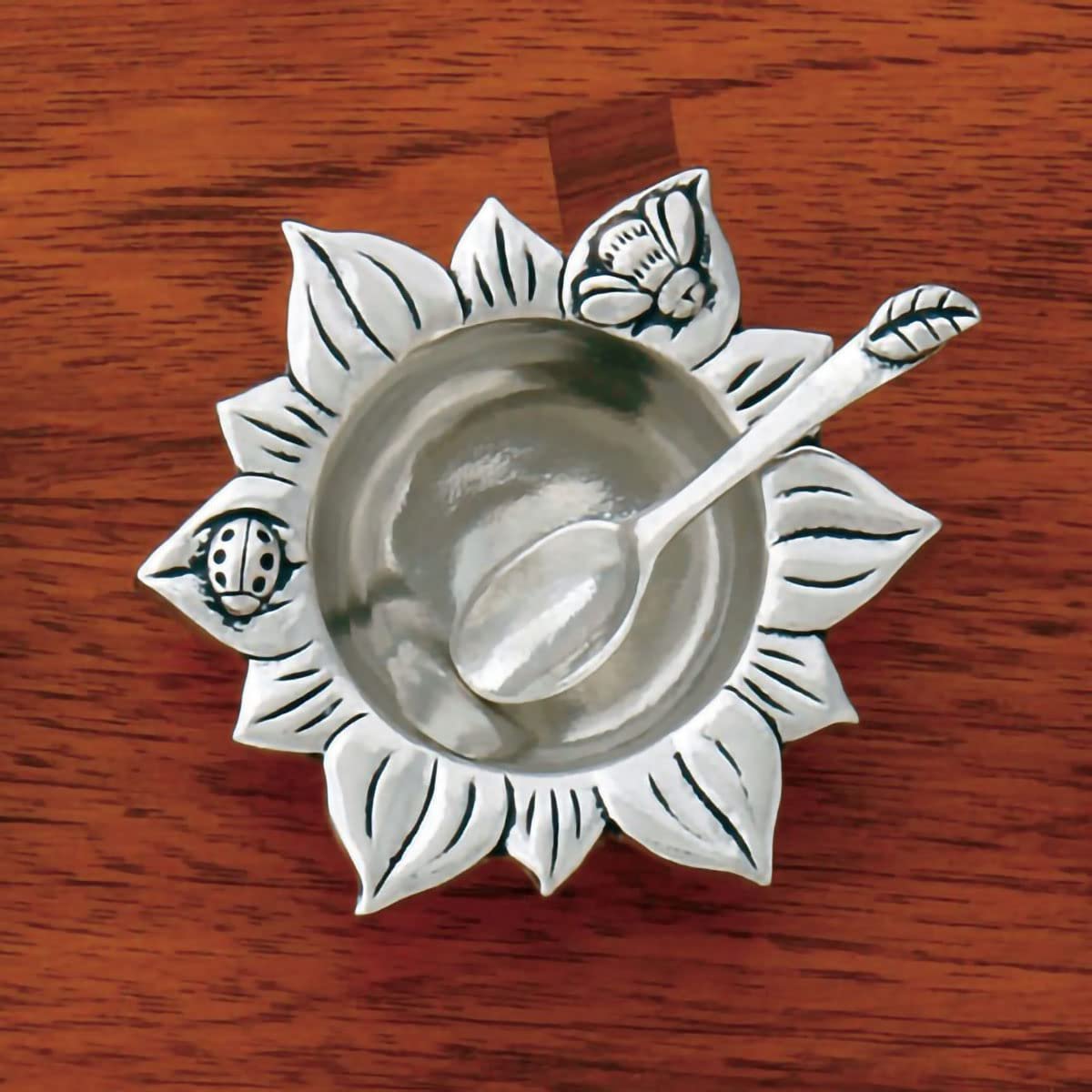 Basic Spirit Sun Flower Salt Bowl with Spoon Pewter Bee Ladybug Cellar Container for Spices Snacks Side Dishes Nature Lover Gift