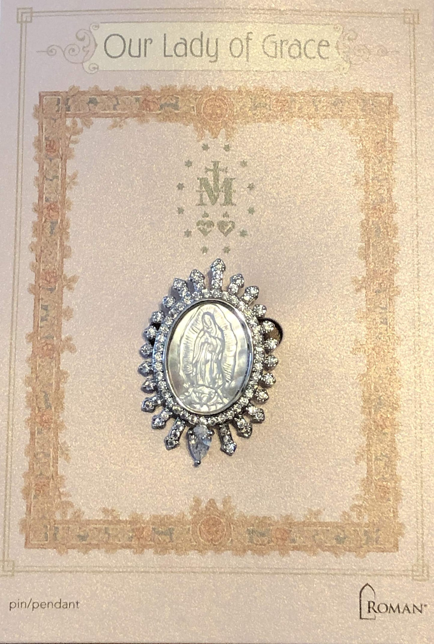 Roman 1.5" Our Lady of Guadalupe Madonna Grace Oval Silver Tone Brass and Glass Brooch Pin Pendant 13424