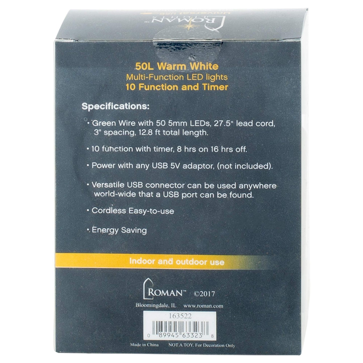 Roman 50L USB WARMWHITE LED Green Cord 10 Function 8/16 Timer