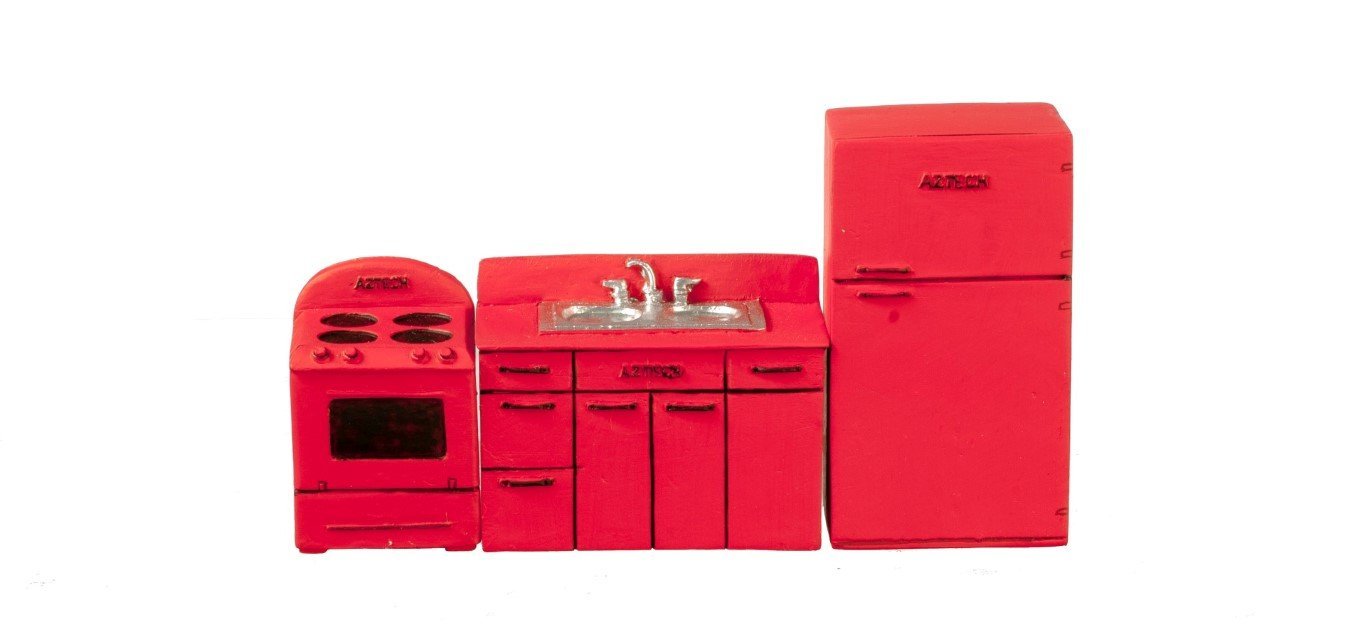 Aztec Imports, Inc. Dollhouse Miniature 1/24 Scale Red 3-Pc. 1950s Kitchen Set