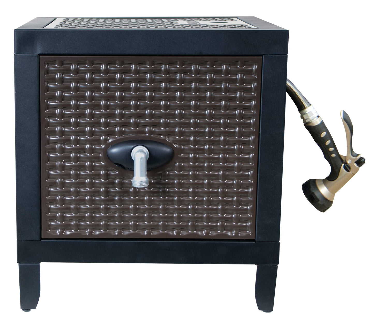 AMES NeverLeak Hose Reel Cabinet Box, 100 Ft. Capacity, Decorative with Wicker Look, Auto Track Rewinding, Black Metal