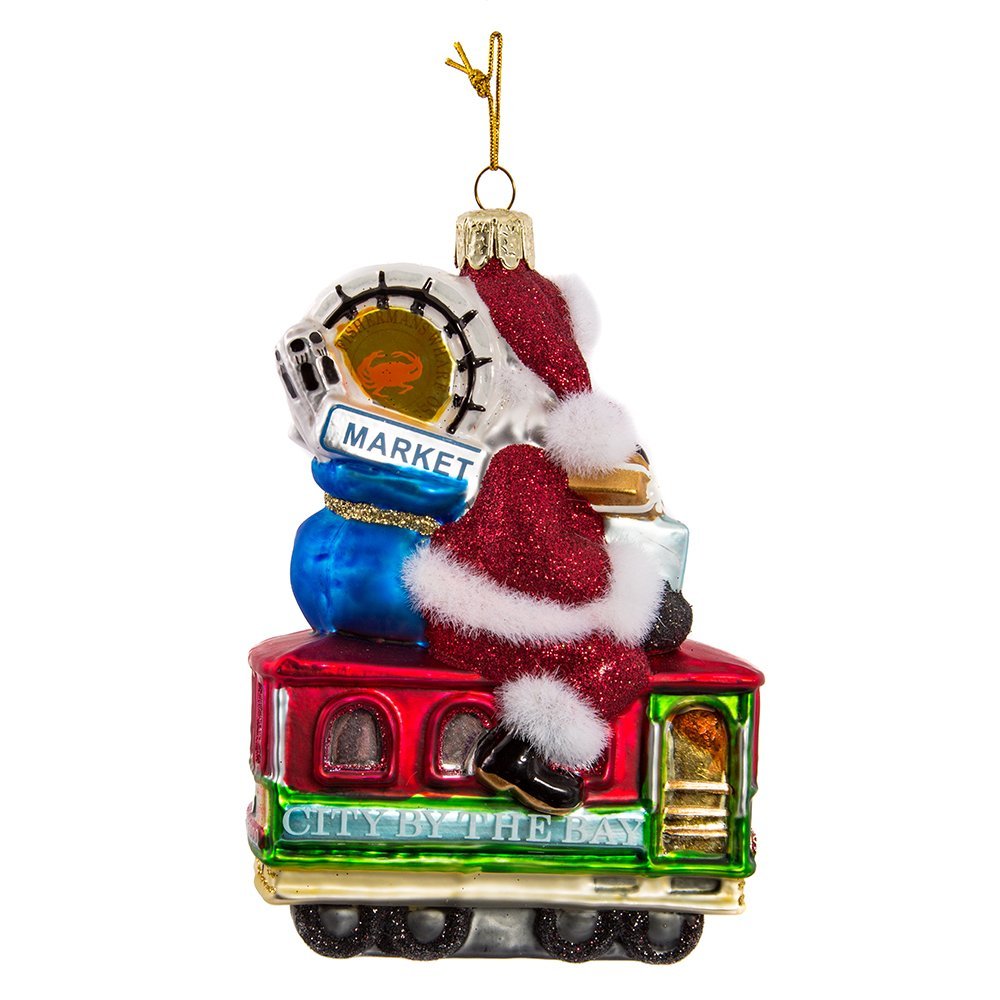 Kurt Adler Santa Sitting on San Francisco Trolley Glass Ornament, 5-Inch