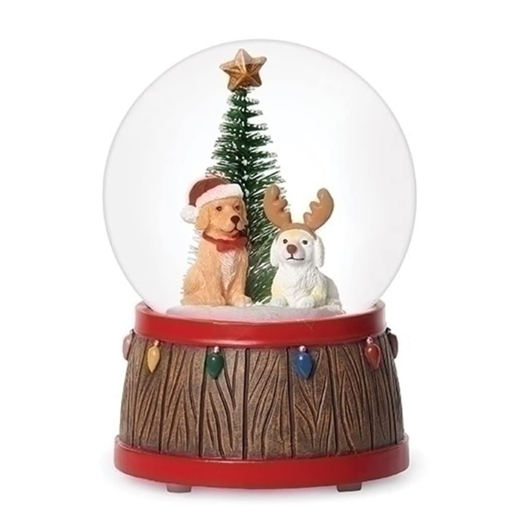 Roman Musical Dog with Hat and Antler Wind Up Snow Globe, 100mm, 5-inch Height, Christmas Decoration