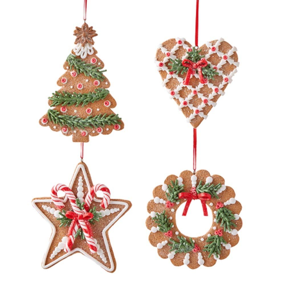 RAZ Imports 5" Holiday Gingerbread Christmas Tree Ornaments, Set of 4 Clay Dough Shaped Christmas Tree, Heart, Star, Wreath Ornaments