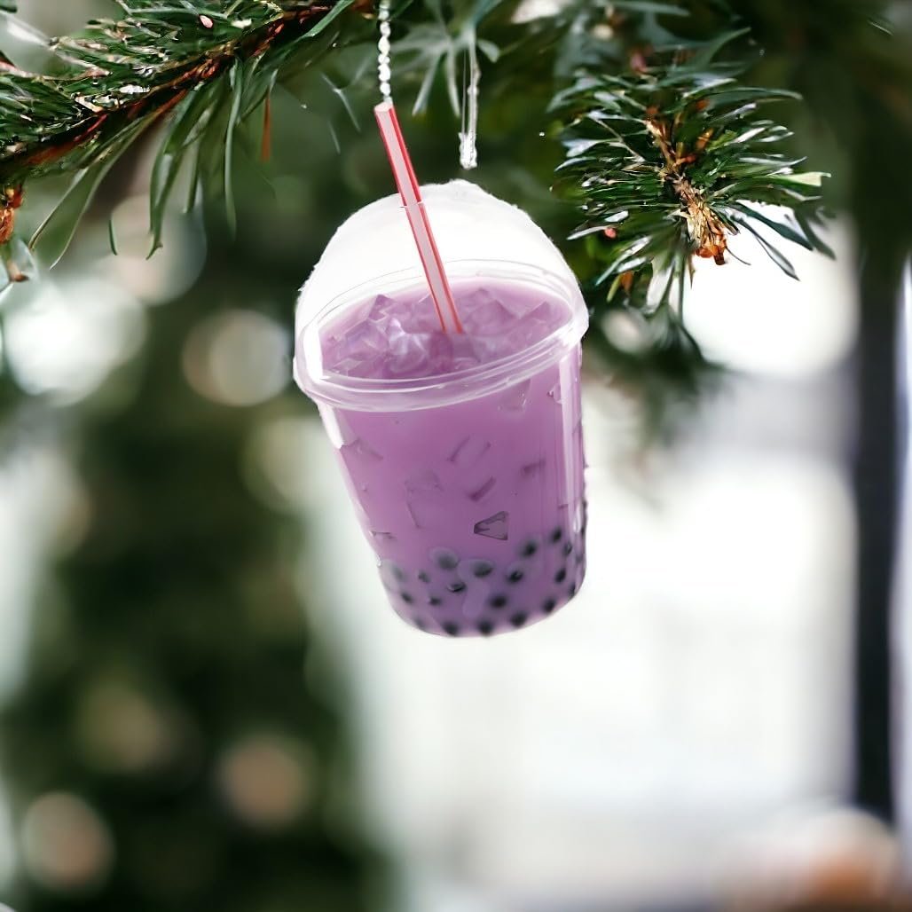 Cody Foster & Co Bubble Tea Ornament, 4" Purple Glass Christmas Decor, Authentic Tapioca Pearl Design with Straw Accent