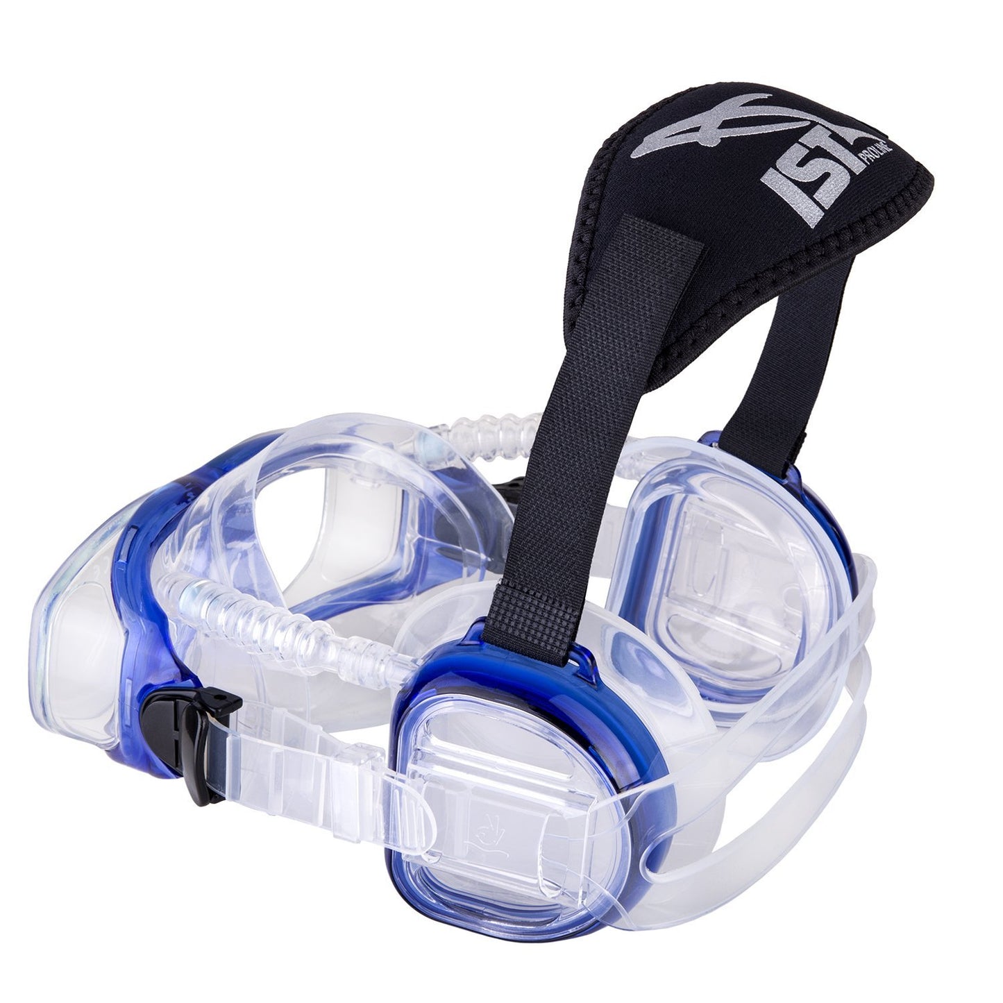 IST ProEar Dive Mask with Ear Covers, Scuba Diving Pressure Equalization Gear, Tempered Glass Twin Lens (Blue)