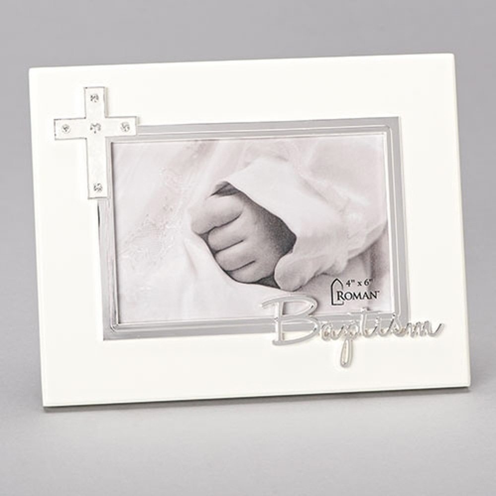 Baptism With Jewel Tone Accent Traditional Cross Cream 9 x 7 Wood Photo Frame