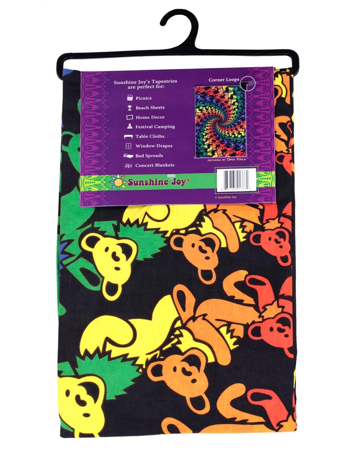 Sunshine Joy Grateful Dead 3D Dancing Bears Spiral Tapestry Tablecloth Wall Art Beach Sheet Huge 60x90 Inches - Amazing 3D Effects