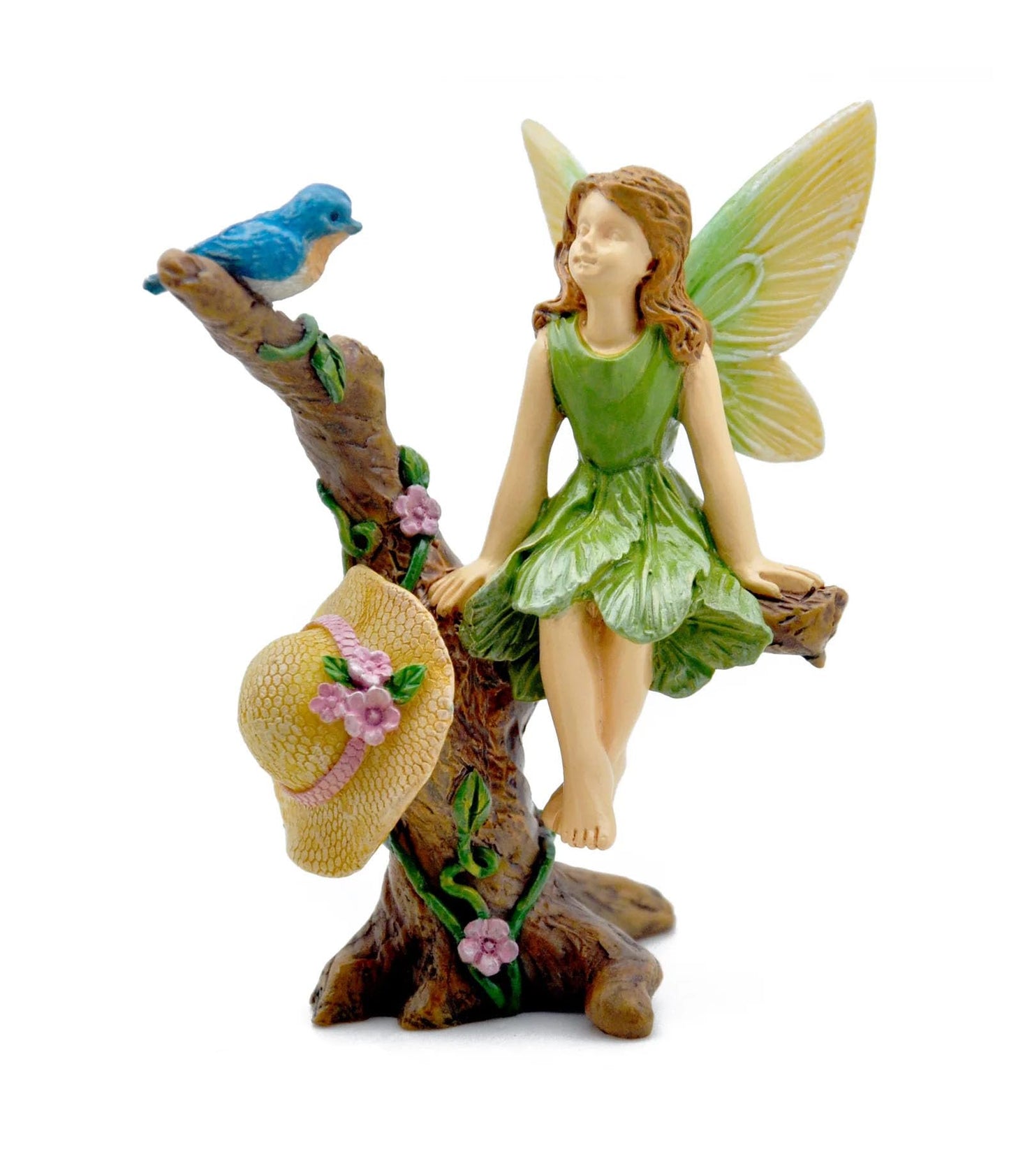 Marshall Home & Garden Fairy and Bird Conversation in Tree - Multicolor Resin Miniature Figurine for Garden, 4 x 1 Inch, MG465