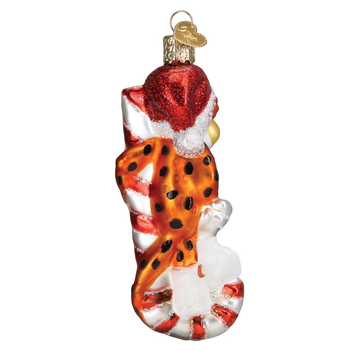 Old World Christmas Chester Cheetah On Candy Cane Glass Blown Ornament for Christmas Tree