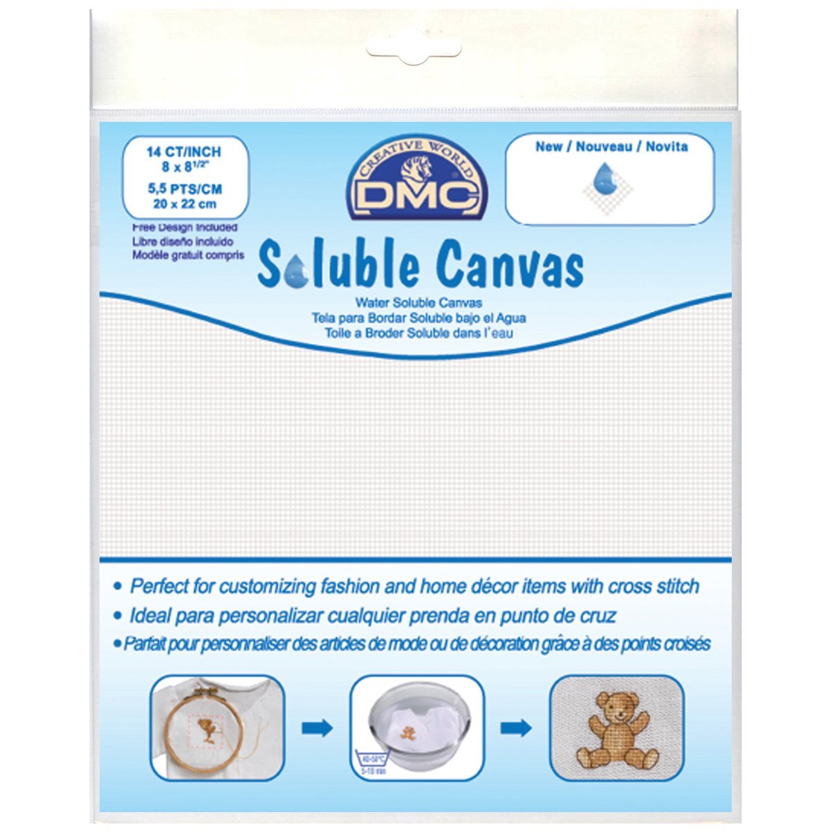 DMC White Water Soluble Cross Stitch Canvas 1 Pack 8 inch x 8 1/2 inch 14 Count (2-Pack)