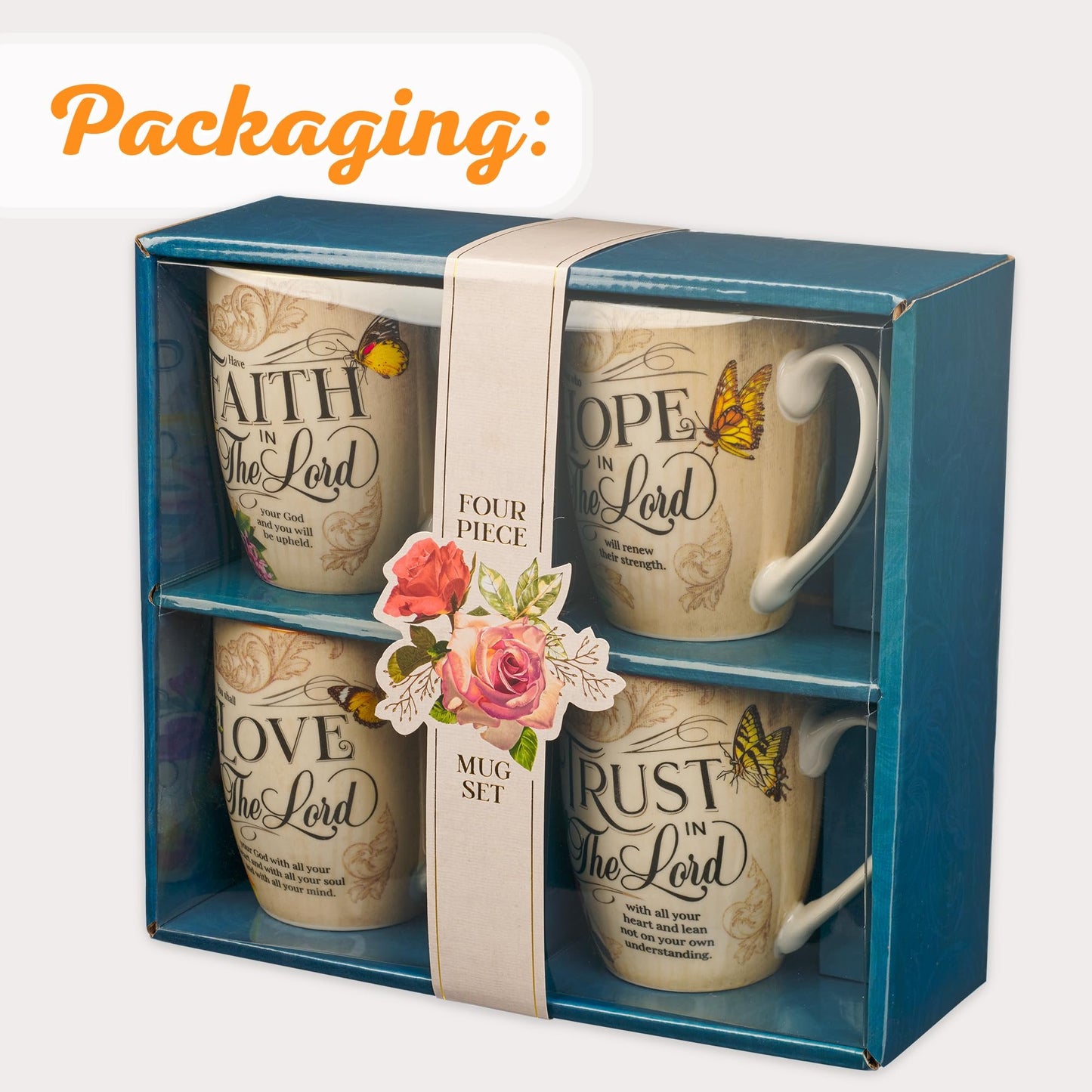 Christian Art Gifts Novelty Floral Ceramic Scripture Coffee & Tea Mug Set: Hope, Trust, Faith, Love - 4 Fancy Medium 12 oz. Cups w/Butterflies & Bible Verses, Multicolor Blue/Pink/Green/Orange Floral